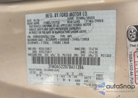 2007 Ford Freestar Sel из США, поврежденный, VIN 2FMDA52207BA11286